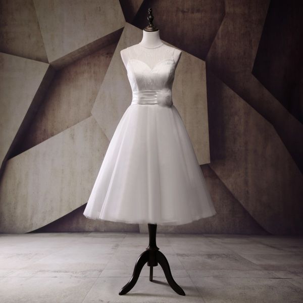 

new handmade flower tea length short wedding dress a line pleats vestido bridal gown real image transparent modern tulle simple selling, White