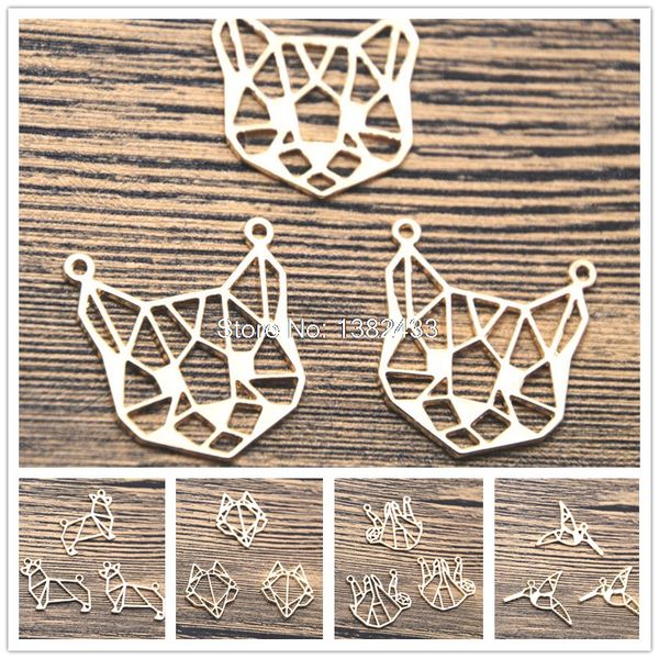 

15pcs animal charm gold tone origami elephant fox unicorn horse sloth corgi fish hummingbird deer charm pendant, Bronze;silver