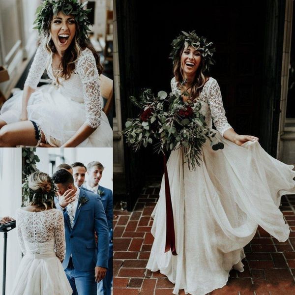 

two pieces beach country wedding dresses chiffon ruffles lace boho long sleeve a-line custom made bohemian bridal gown, White