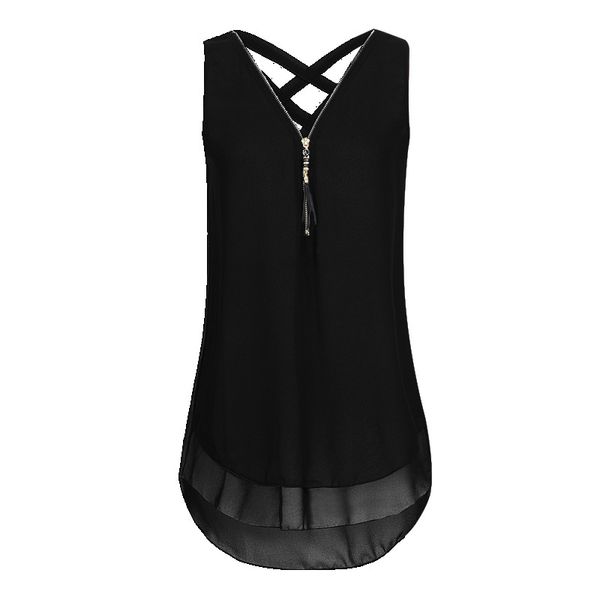 

Chiffon Tank Top Balck Vest Cross Back Hem Layed Zipper New Sleeveless T Shirts Plus Size Casual sleeveless dress