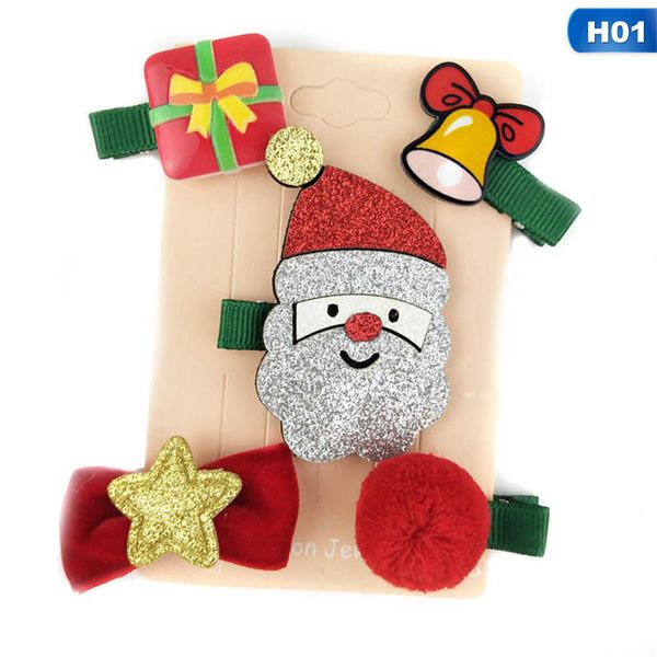 

5 pcs /set new christmas hair clips for girls santa claus xmas hairpins barrettes gifts children hair accessories, Golden;white