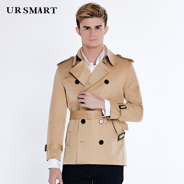 

ursmart double-breasted trench coat short male autumn new fashion men's windbreaker honey yellow coat dust, Tan;black