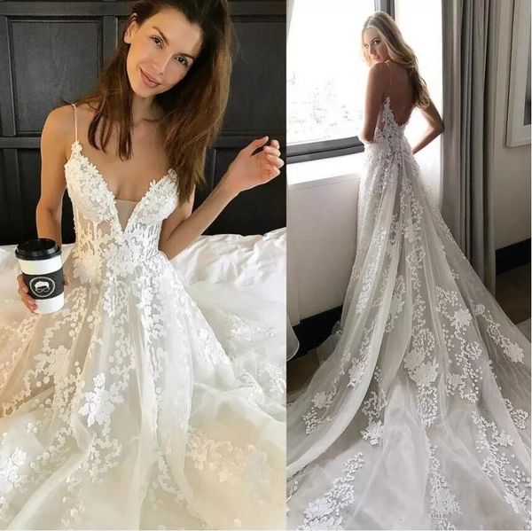 

pallas couture 2020 свадебные платья глубокий v шеи bohemian свадебные платья аппликация тюль плюс размер backless пляж линия свадебное плат, White