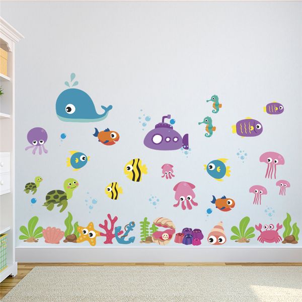 Cartoon Animals Wall Stickers Bedroom Kids Rooms Home Decor Underwater World Fish Bubble Decals Diy Poster Pvc Mural Art Name