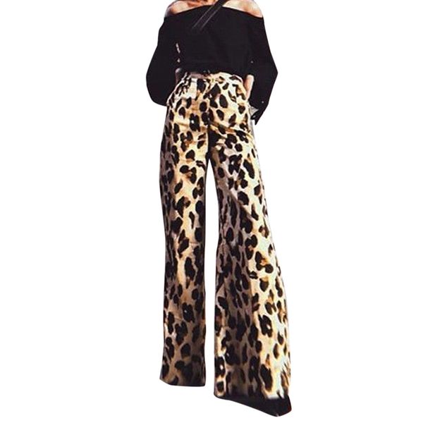 

women pants fashion leopard print long pants elastic high waist wide leg waist flare wide leg long palazzo, Blue