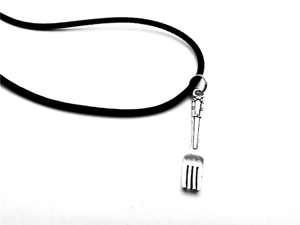 

12pc-retro small spoon fork charm string necklace antique silver simple kitchen tool instrument pendant leather rope lucky mother men's, Black