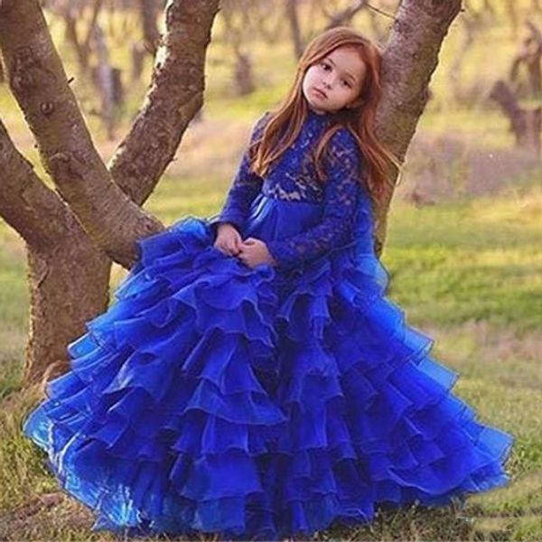 

Royal Blue Glitz Girls Pageant Dresses 2018 Ball Gown High Neck Long Sleeves Organza Ruffles Cupcake Flower Girl Dresses Wedding Party Dress