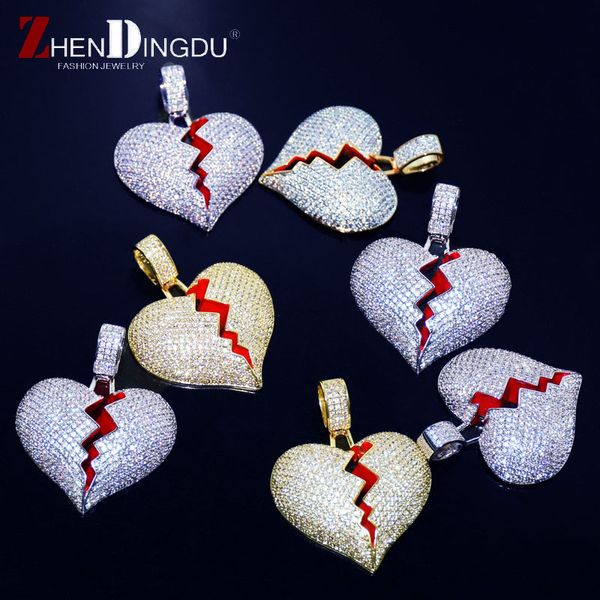 

solid broken heart lced out necklace & pendant with tennis chain gold color bling cubic zircon men's hip hop jewelry for gift, Silver