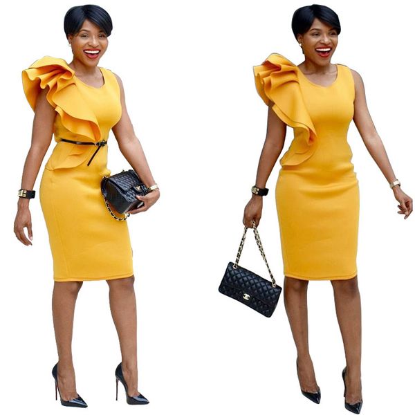 Acheter Nouveau Une épaule Volantée à Volants Robe Bureau Jaune Bleu Noir Cocktail Sans Manches Asymétrique Moulante Crayon Midi Plus La Taille 6xl