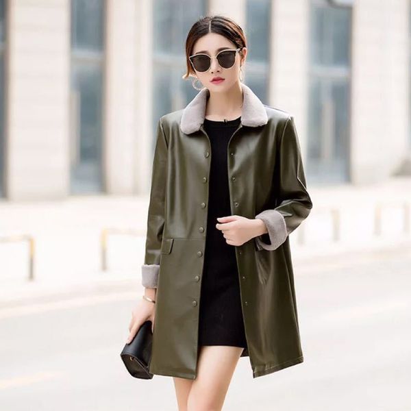 

female plus size medium syle fur collar leather coat thick 2018 new winter warm jacket women pu leather coat female overcoat, Black