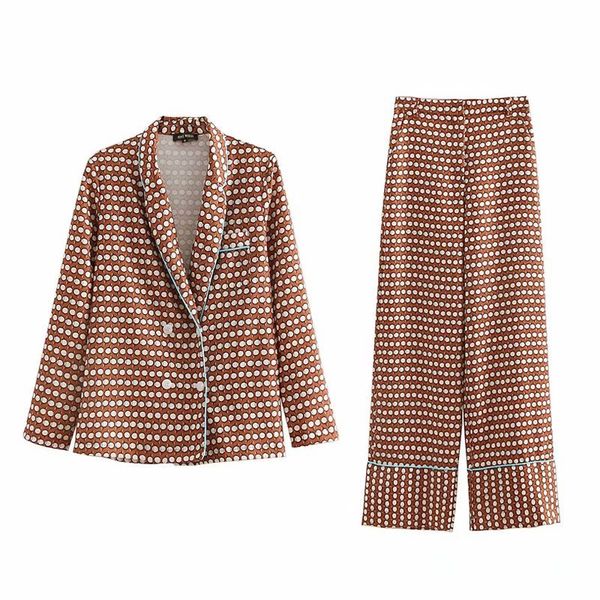 

work pant suits 2 piece set women elegant dot print blazer jacket & trouser double breasted long sleeve coat office lady suit, White;black