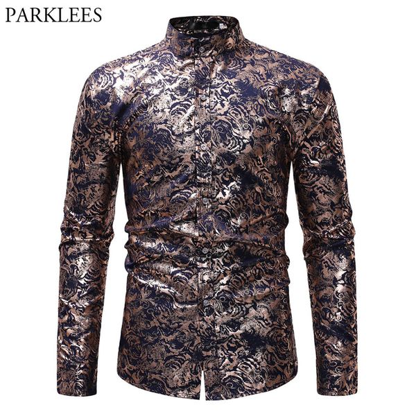 

paisley floral print men's shirt geek metallic copper golden shirt men 2018 slim fit stand collar long sleeve camisa masculina, White;black