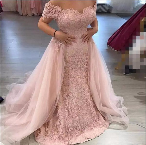 

light pink modest lace prom dresses sweetheart off shoulder 2018 with detachable train appliques long mermaid evening gowns plus size, Black