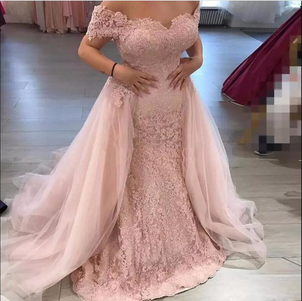 abiti da ballo in pizzo modesto rosa chiaro innamorato con spalle scoperte 2018 con applicazioni di strascico staccabili abiti da sera lunghi a sirena taglie forti