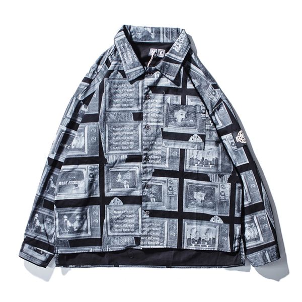 

loose vintage shirt men long sleeve printed hip hop men clothes 2018 japanese streetwear mens shirts casual korean shirt 50na119, White;black