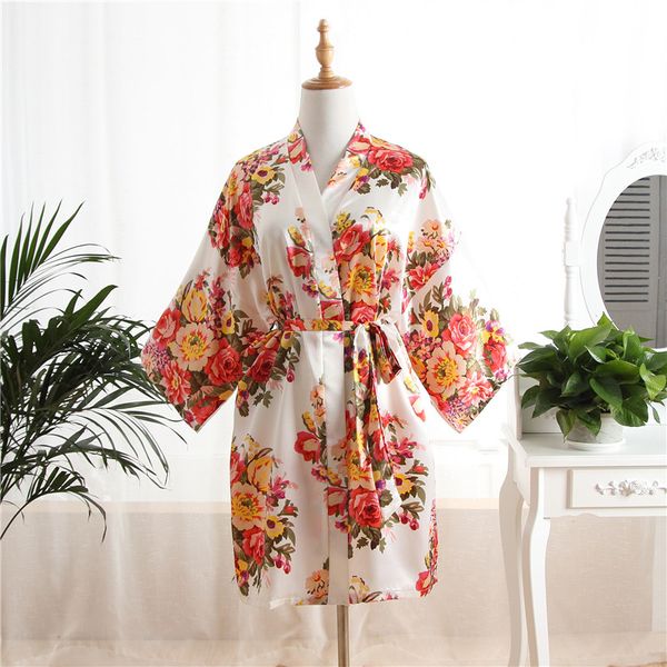

women silk satin floral wedding bride bridesmaid robe bathrobe short kimono robe night bath fashion dressing gown md02, Black;red