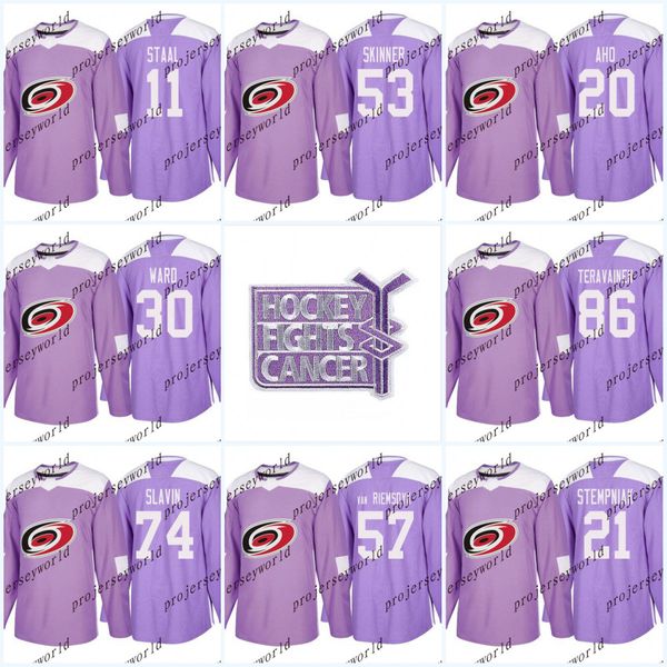 

Youth 11 Staal Purple Fights Cancer Practice Carolina Hurricanes 53 Jeff Skinner 20 Sebastian Aho 30 Cam Ward Ice Hockey Jerseys