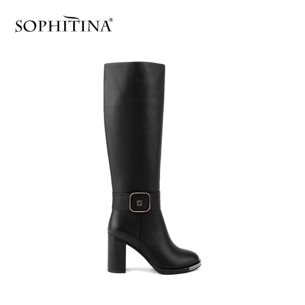 

sophitina new knee-high boots cow leather high heels round toe shoes warm short plush winter metal decoration boots ba14, Black