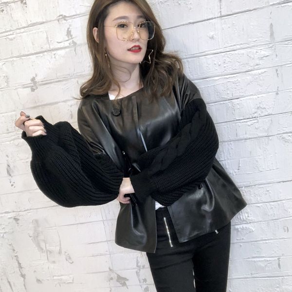 

2018 new arrival genuine leather jacket women black knitted sleeve plus size real leather coat sheepskin jacket