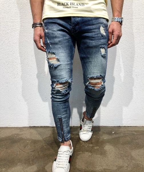 

fashion men pencil pants ripped high street clothing jeans long trousers, Blue
