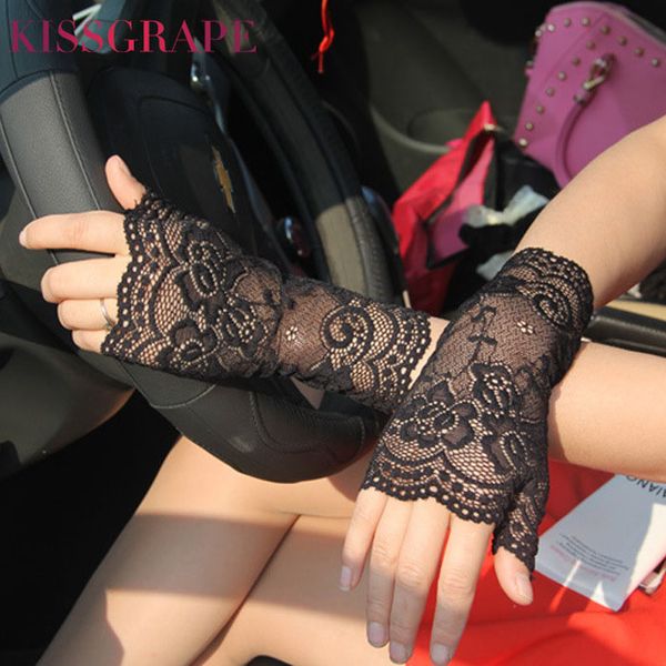 

women' summer lace gloves for women driving gloves fingerless anti-uv sunscreen thin semi-finger mittens cheap, Blue;gray