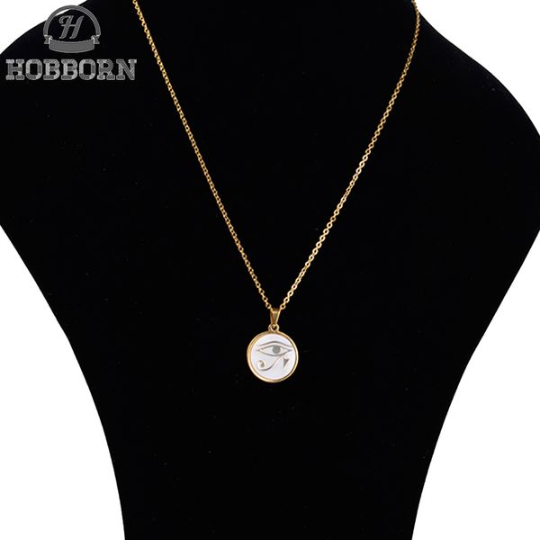 

hobborn rah egypt eye of horus pendant necklaces for women stainless steel high polished pendant evil eye shell necklace jewelry, Silver