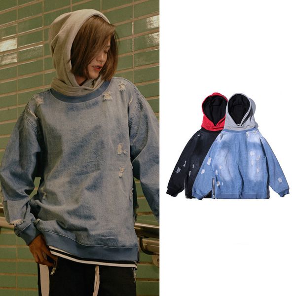 

denim hoodies hip hop hoodie streetwear, Black