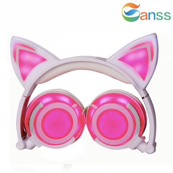 

cat ear headphones kid earphones foldable wired headsets 3.5mm audio jack with usb chargeable led light for children gift