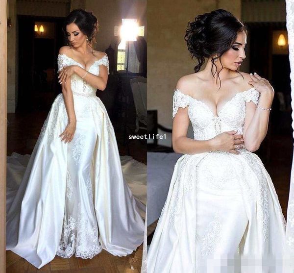 

elegant sheath wedding dresses with detachable train off the shoulder lace appliques beads bridal gowns long train overskirts wedding dress, White
