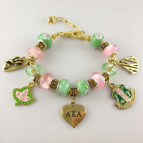 

aka pink green gold charms bracelet alpha kap alpha sorority gold jewelry bracelet ing, Golden;silver