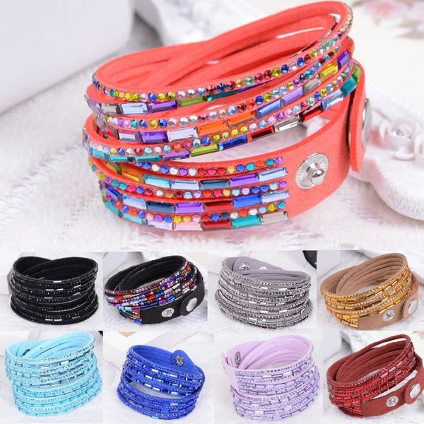 

20 colors multilayer wrap bracelet rhinestones flocking leather charm bangles with rectangle resin crystal wristband women christmas gift, Golden;silver