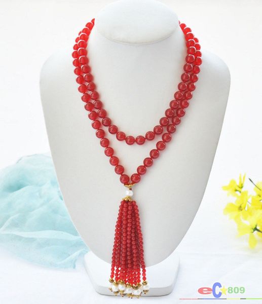 

wholesale 40" 8mm red natural stone bead white round pearl necklace, Silver