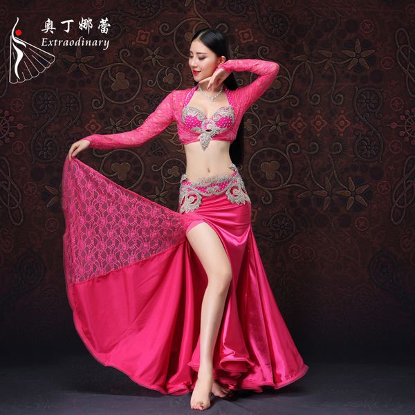 

women dance costume belly dance costume 4 pieces bra belt skirt, Black;red