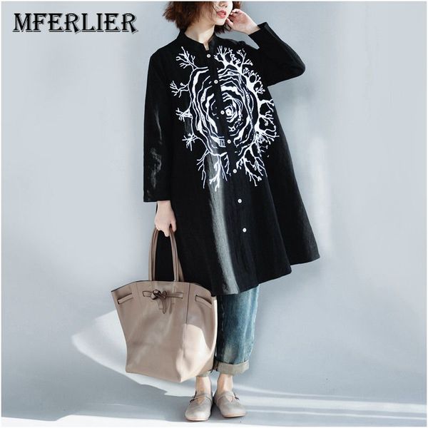 

mferlier spring summer women long shirts cotton paisley print vintage nine sleeve loose button womens and blouses, White