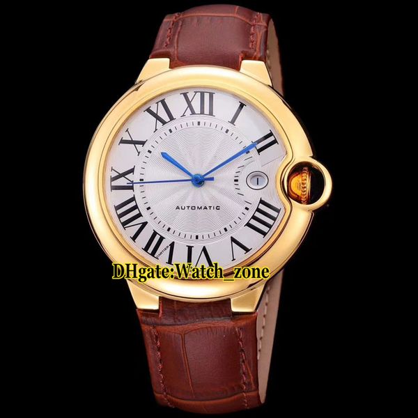 Barato Novo 42mm Data W6900551 Mostrador Branco Automático Mens Watch 18 K Ouro Amarelo Caixa De Couro Strap Sapphire Vidro Gents de Alta Qualidade relógios