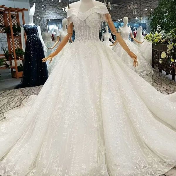 

original ivory wedding dress beaded sweetheart lace up back 2019 latest design tassel off the shoulder wedding dress corset with long train, White