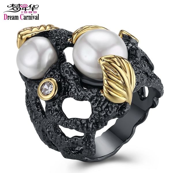

dreamcarnival 1989 white created pearls forest foliage vintage ring for women gothic mujeres anillo perla wholesale br12444, Golden;silver