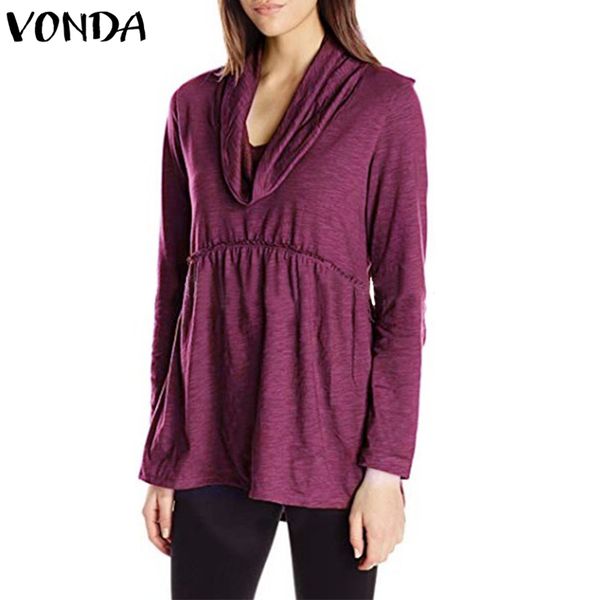 

vonda 2018 women casual long sleeve blouses female solid ruffles turtleneck high waist loose shirts autumn blusas 5 colors, White