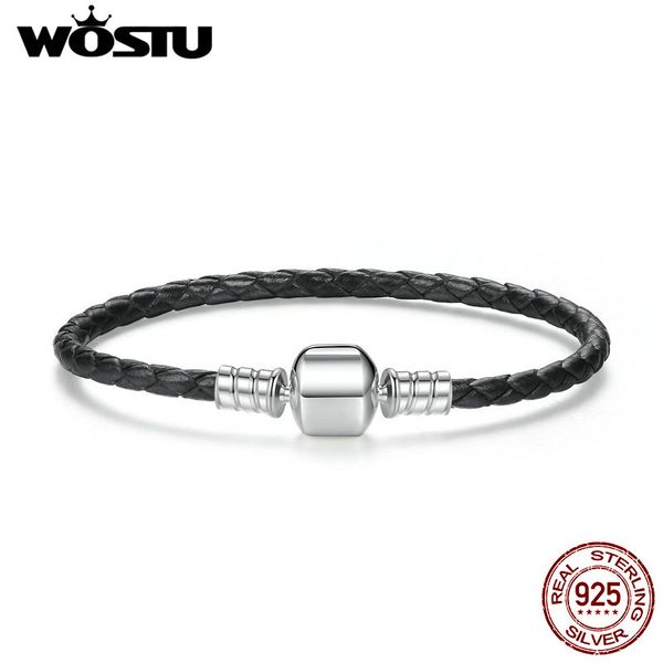 

925 sterling silver plated real black leather chain charm fit bracelet for women men original fine jewelry accessory xchs911, Golden;silver