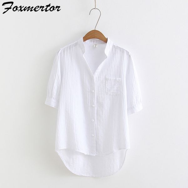 

foxmertor 100% cotton shirt white blouse 2018 spring summer blouses shirts women half sleeve casual solid pocket blusas 2xl
