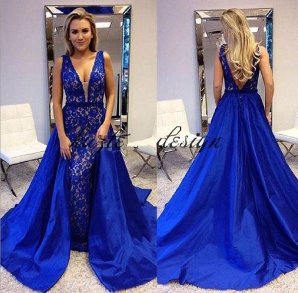 

mermaid evening dresses 2018 deep v neck detachable train open back lace prom formal party red carpet gowns royal blue customized, Black;red
