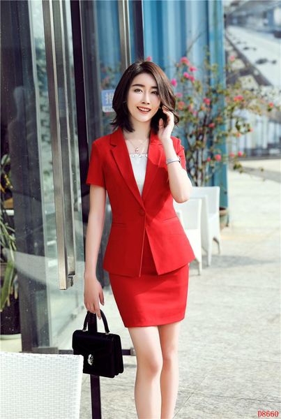 

2018 new fashion casual red formal 2 piece with and skirt for ladies office business work wear blazers & jackets sets, White;black
