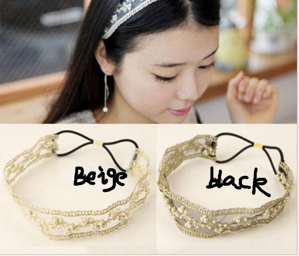 

2pcs/lot fashion girl's ladies' sweet lace flower headband handmade pearl hairband hairbands beige black color dia about 20cm new, Black;brown