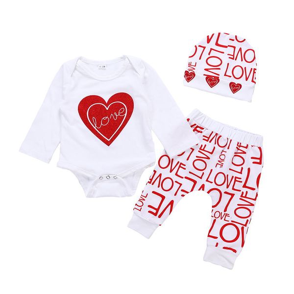 

autumn winter baby clothes set 3pcs newborn infant baby boy girl cotton outfit heart print long sleeve romper pants hat set, White