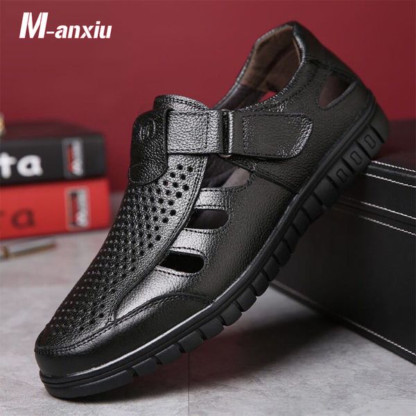 

m-anxiu hollow out breathable summer sandals magic strap leather sandal shoes men flat casual shoes, Black