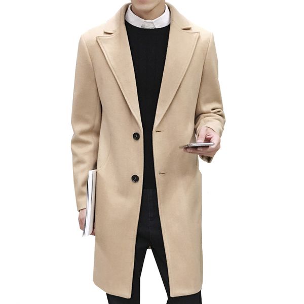 

new arrived autumn winter trench coat 2018 men fashion men simple design single breasted medium-long male wool blends overcoat, Black