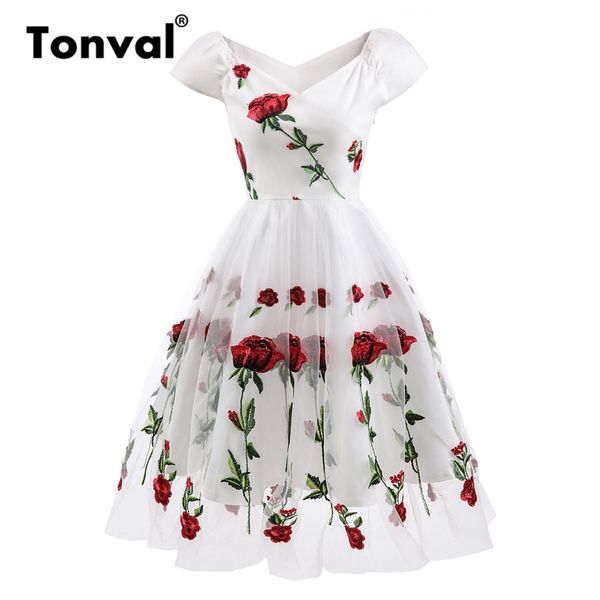 

tonval rose flower embroidery v neck dress elegant mesh floral white dresses women vintage party dress, White;black