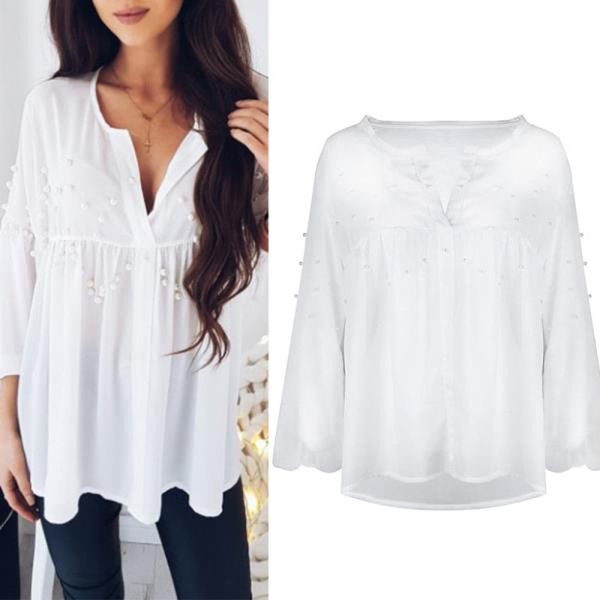 

2018 suumer blusas women white pearls beading blouse long sleeve loose chiffon v neck sweet lady female shirt