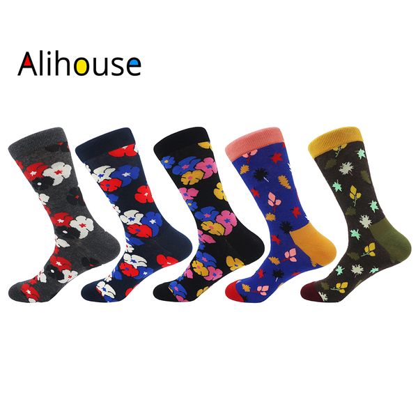 

alihouse 5 pairs/lot novelty men's colorful combed cotton vintage flowers casual crew dress socks unisex, Black