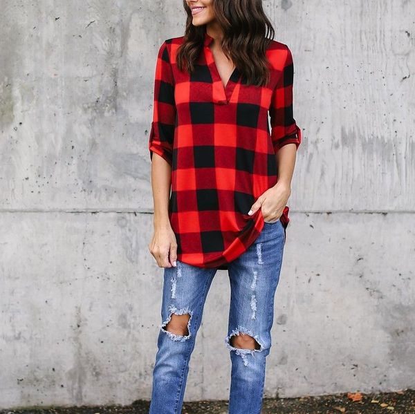 camisa de cuadros roja y negra mujer